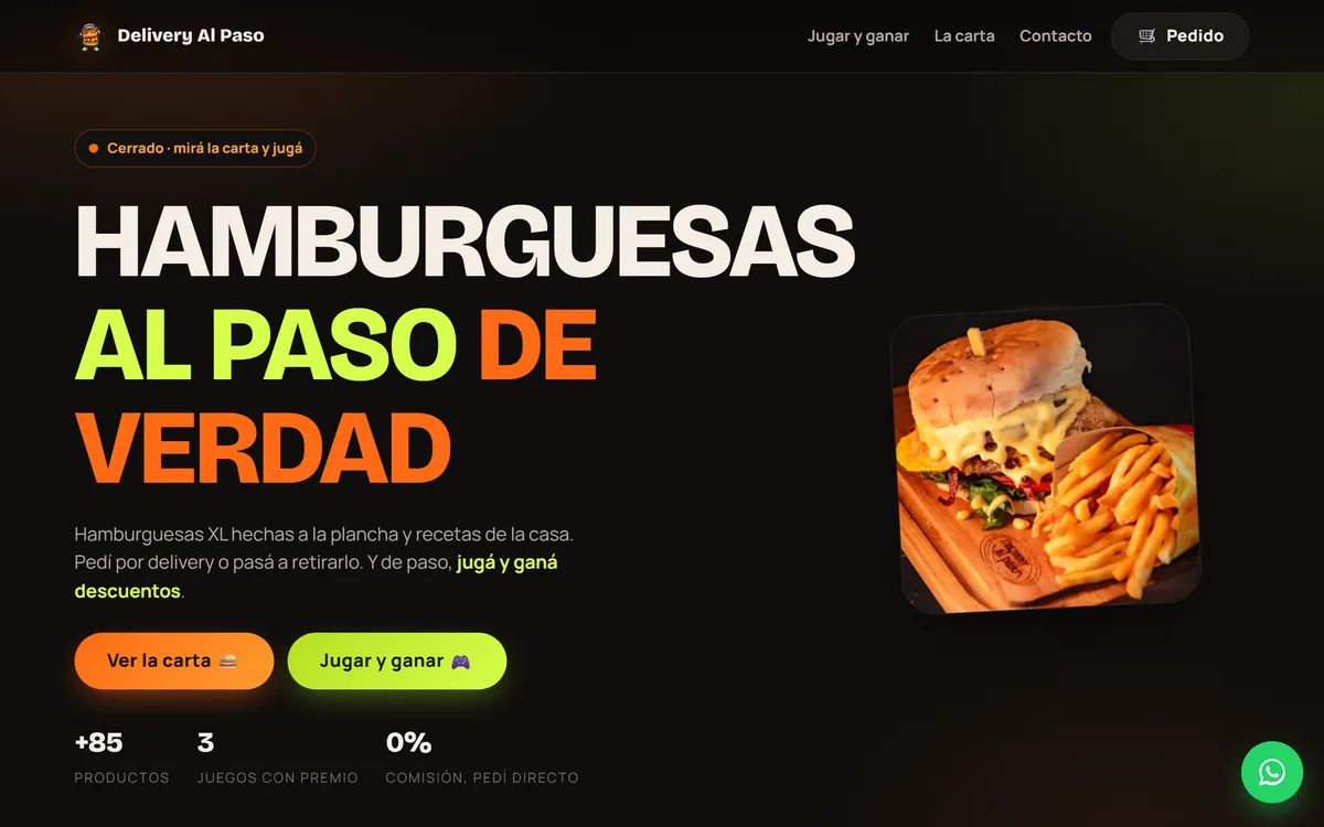 Captura del sitio de Delivery Al Paso, hamburguesería con pedidos online propios